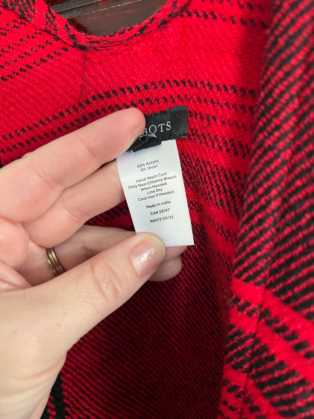Talbots Red and Black Plaid Wool Blend Poncho with Fringe One Size - Picture 8 of 10